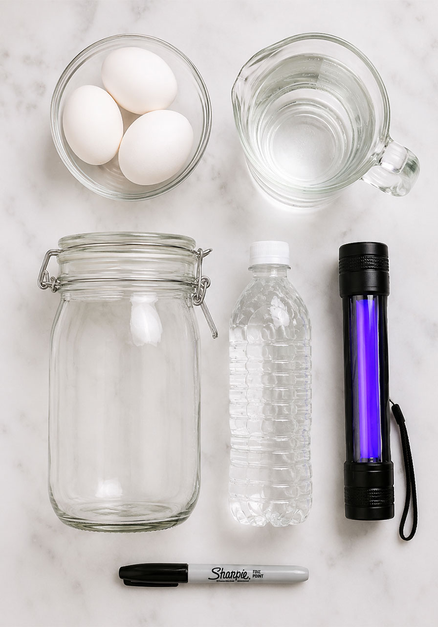 Supplies needed for the glow in the dark ghost eggs experiment including eggs, vinegar, tonic water, jar, and blacklight