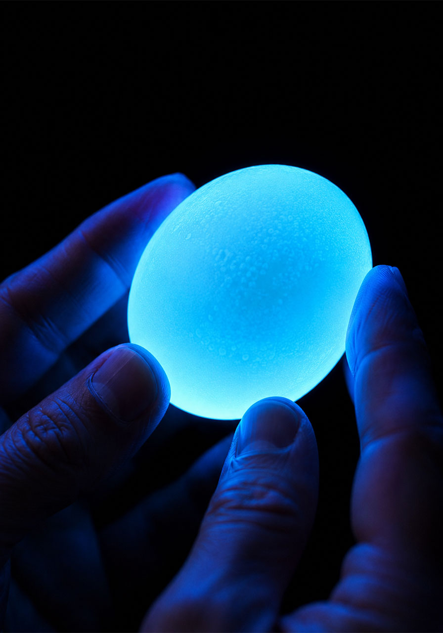Ghost egg glowing bright blue under a blacklight after the shell fully dissolves