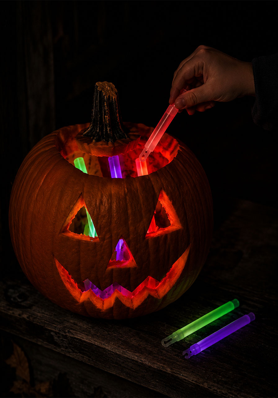 Glow stick lit Halloween pumpkin STEM activity showing chemiluminescence for kids