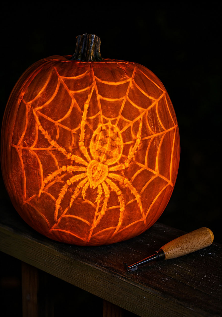 Glowing shave-carved spider web pumpkin lit from inside for Halloween porch decor
