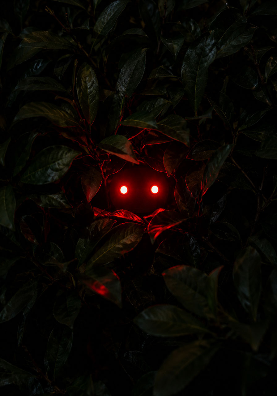 Glowing red LED eyes hidden in bush for spooky Halloween porch STEM project