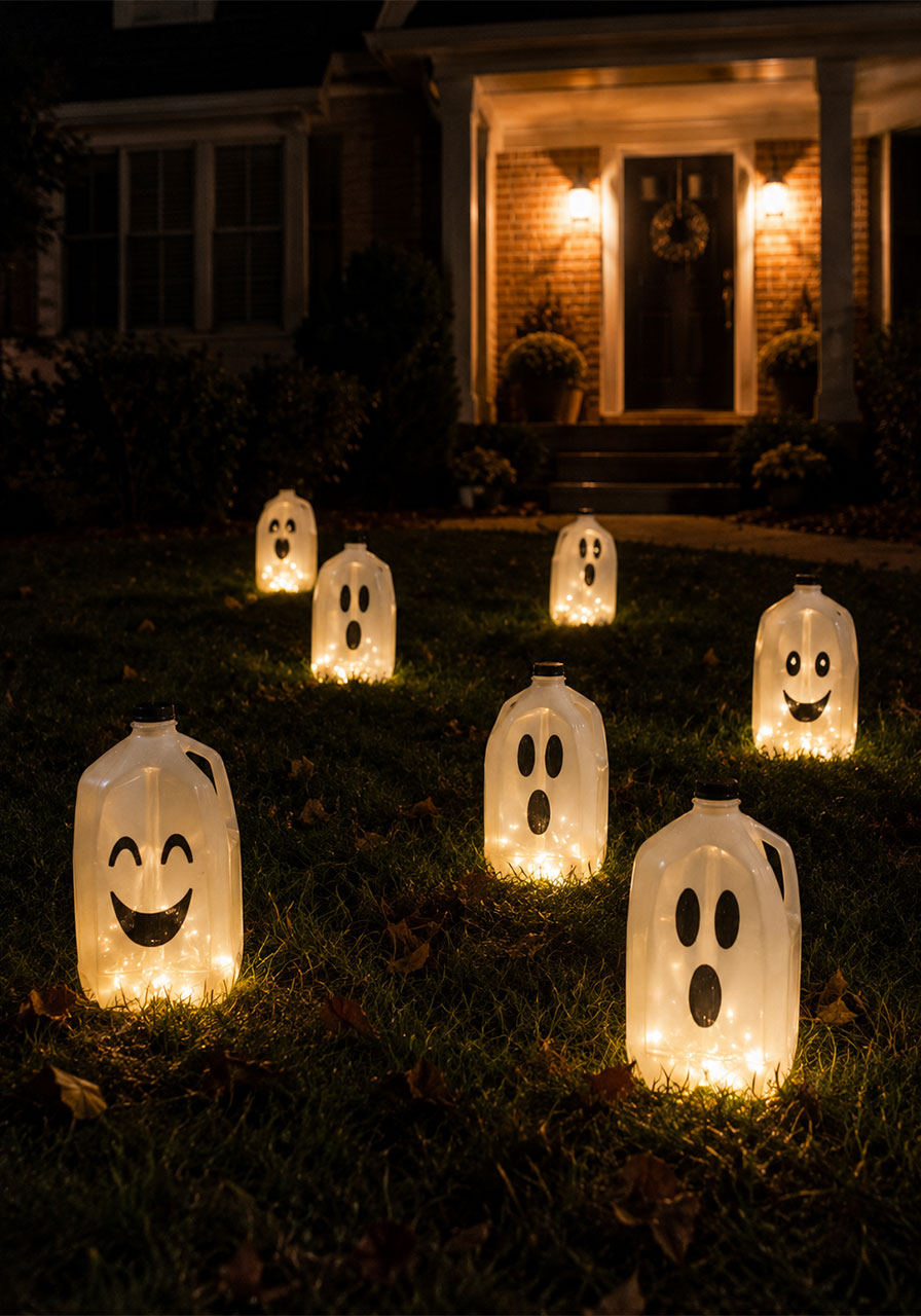 DIY glowing milk jug ghost Halloween yard decorations