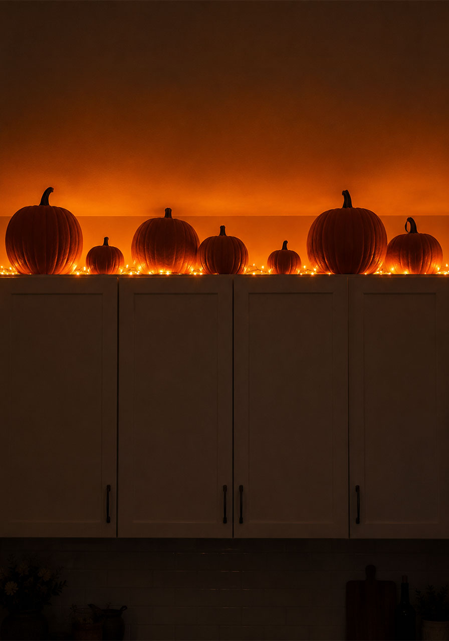 Orange pumpkins glowing with warm string lights along kitchen cabinets at night for Halloween
