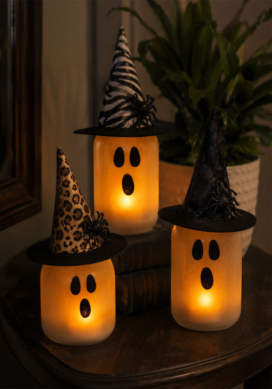 Glowing witch hat ghost votive candles Halloween craft