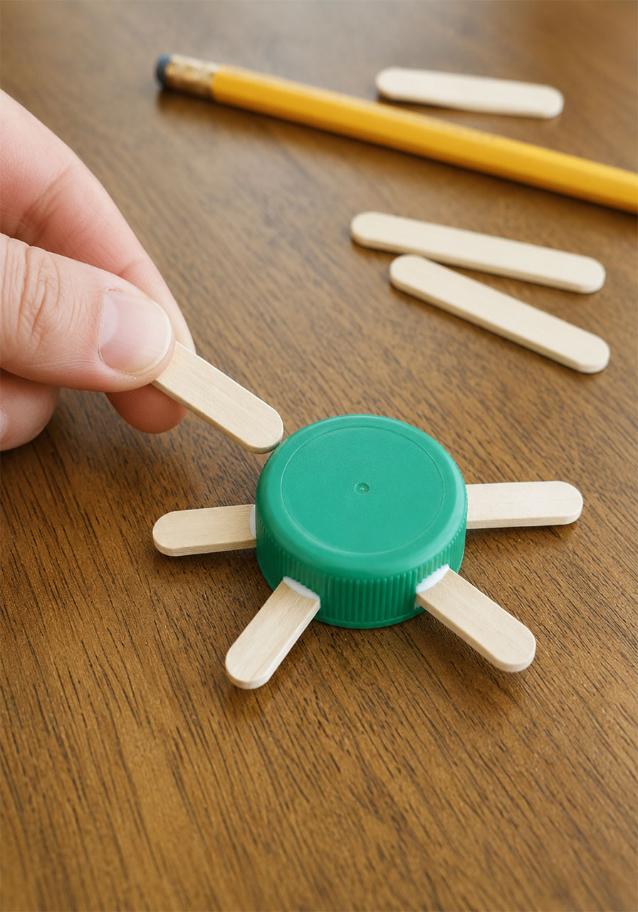 Close up of gluing popsicle stick teeth onto a bottle cap to build a working gear for kids STEM project