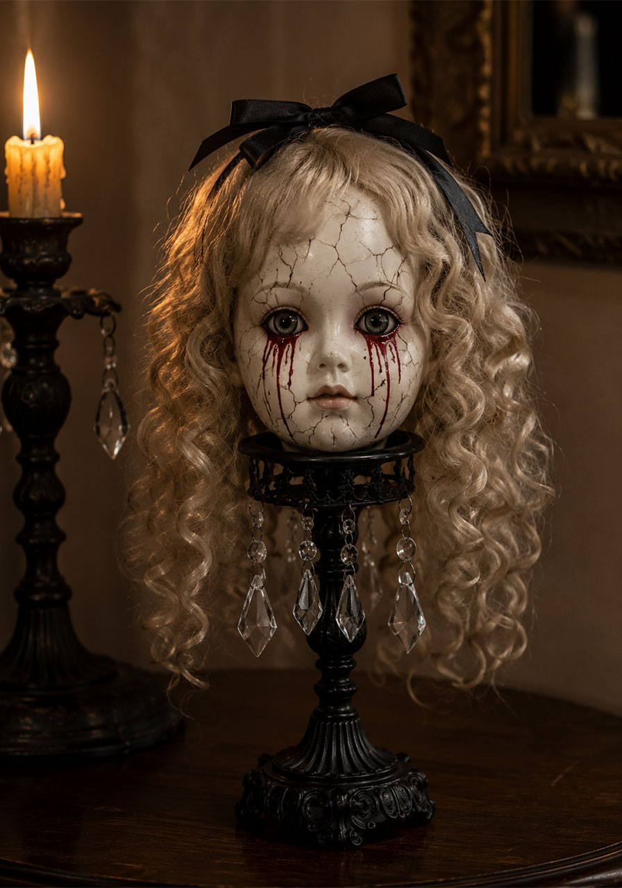 Gothic doll head with cracked painted face displayed on a pedestal stand for Halloween