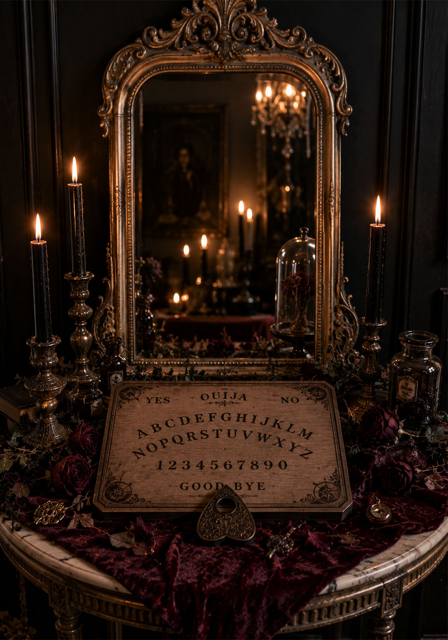 Antique mirror seance table display idea for gothic Halloween party