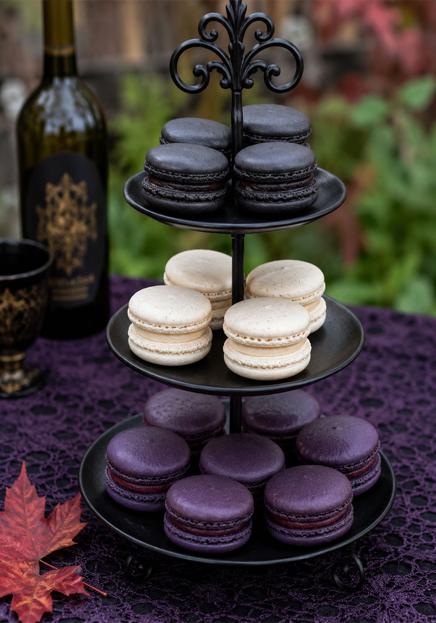 Black and purple gothic macaron tower dessert idea for Halloween party