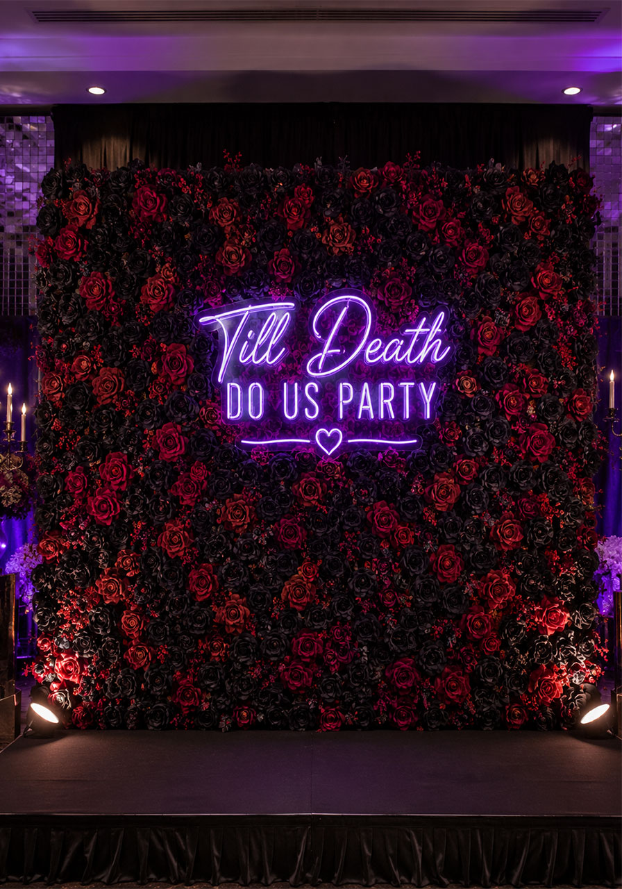 Black and red rose wall photo backdrop idea for gothic Halloween party