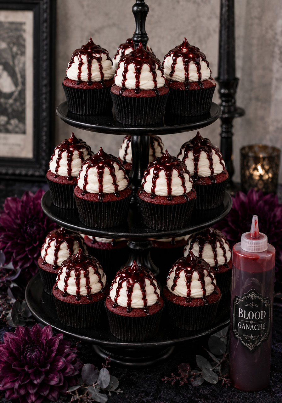 Dripping blood ganache cupcake tower idea for gothic Halloween dessert table