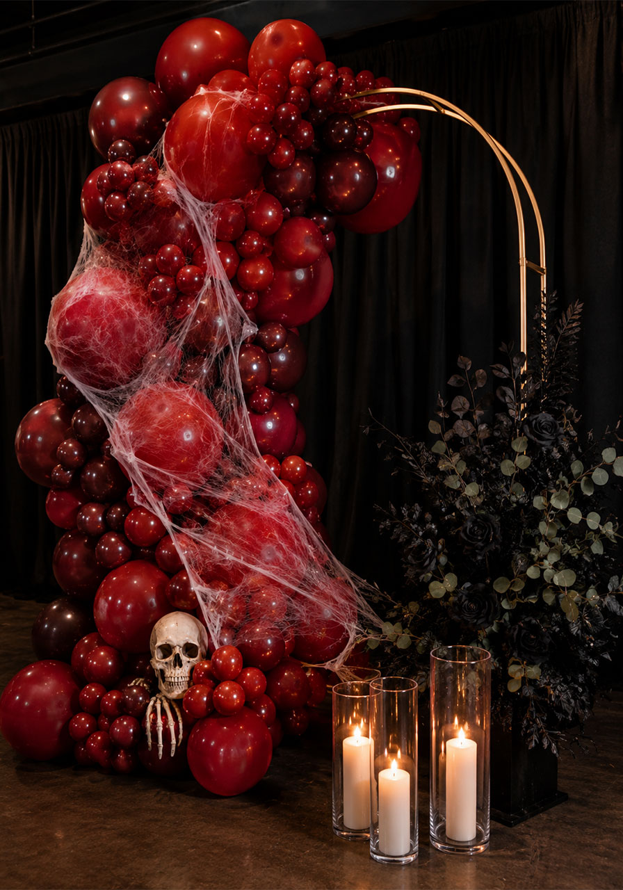 Blood red balloon garland with skull accent for gothic Halloween party decor