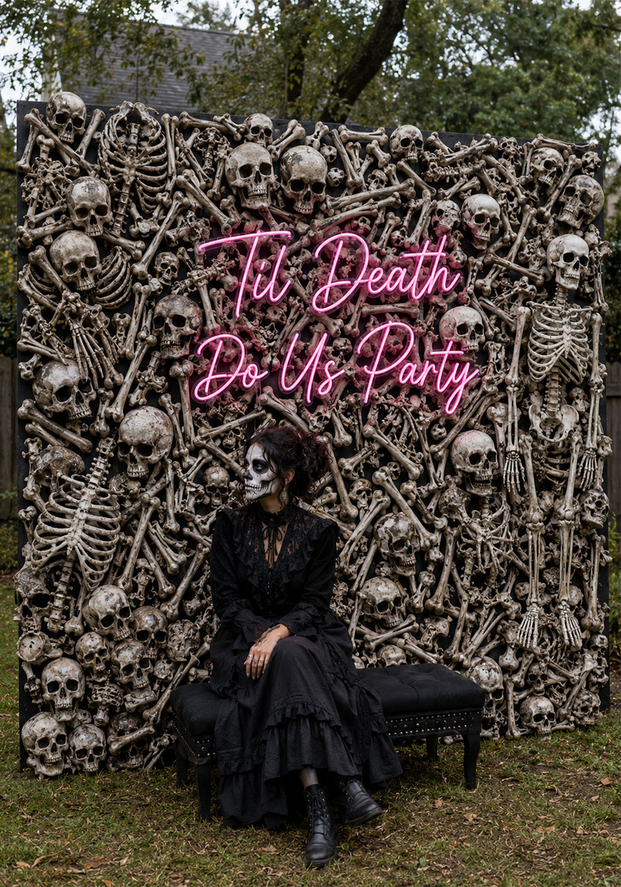 Skeleton bone wall photo backdrop idea for gothic Halloween party