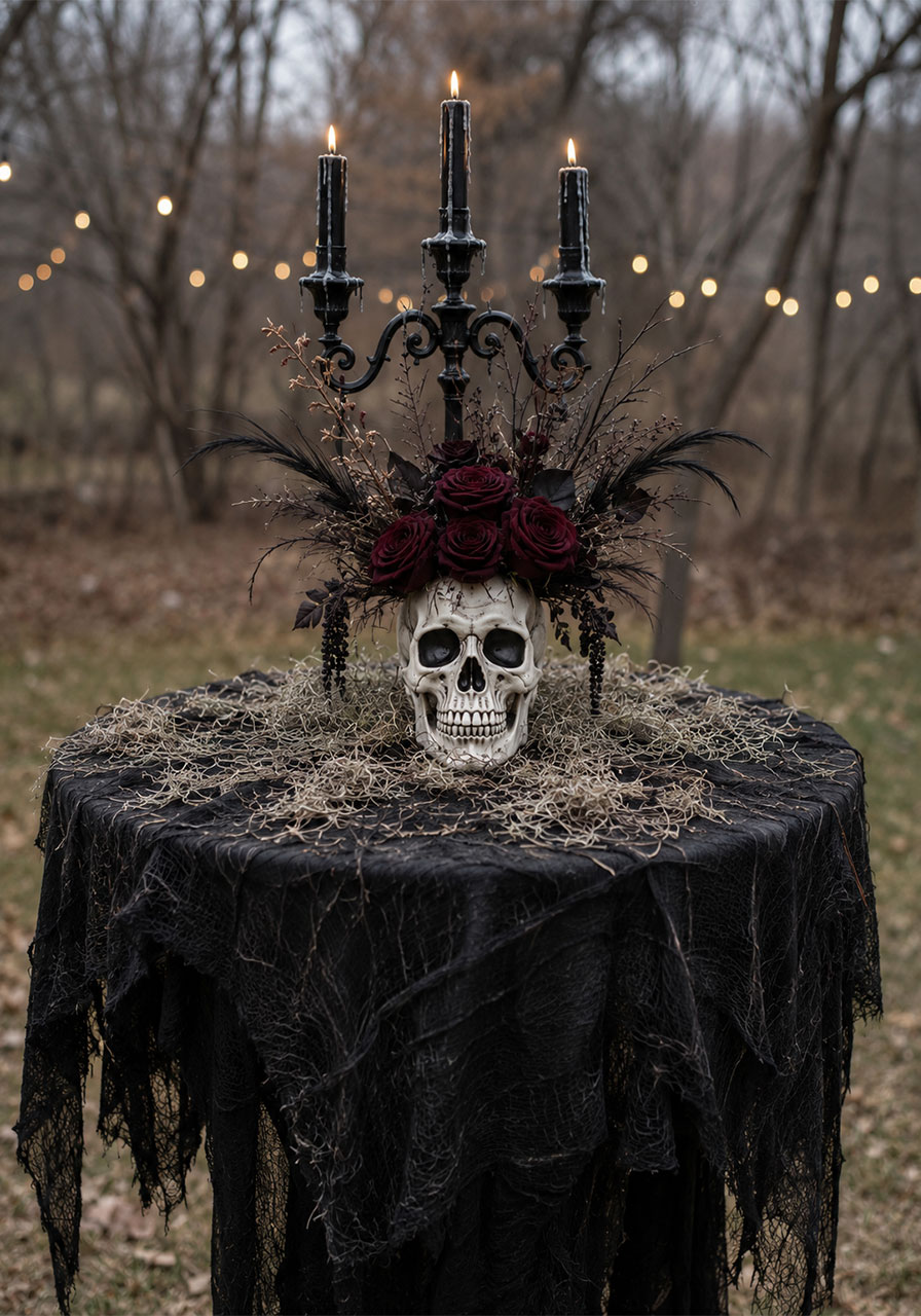 Black cheesecloth draped cocktail table with skull and candles for Halloween party