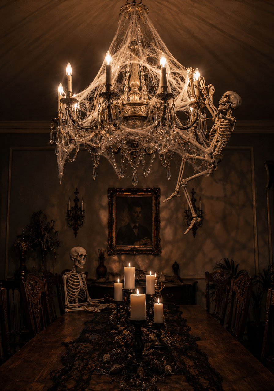 Cobweb draped chandelier in haunted gothic Halloween dining room