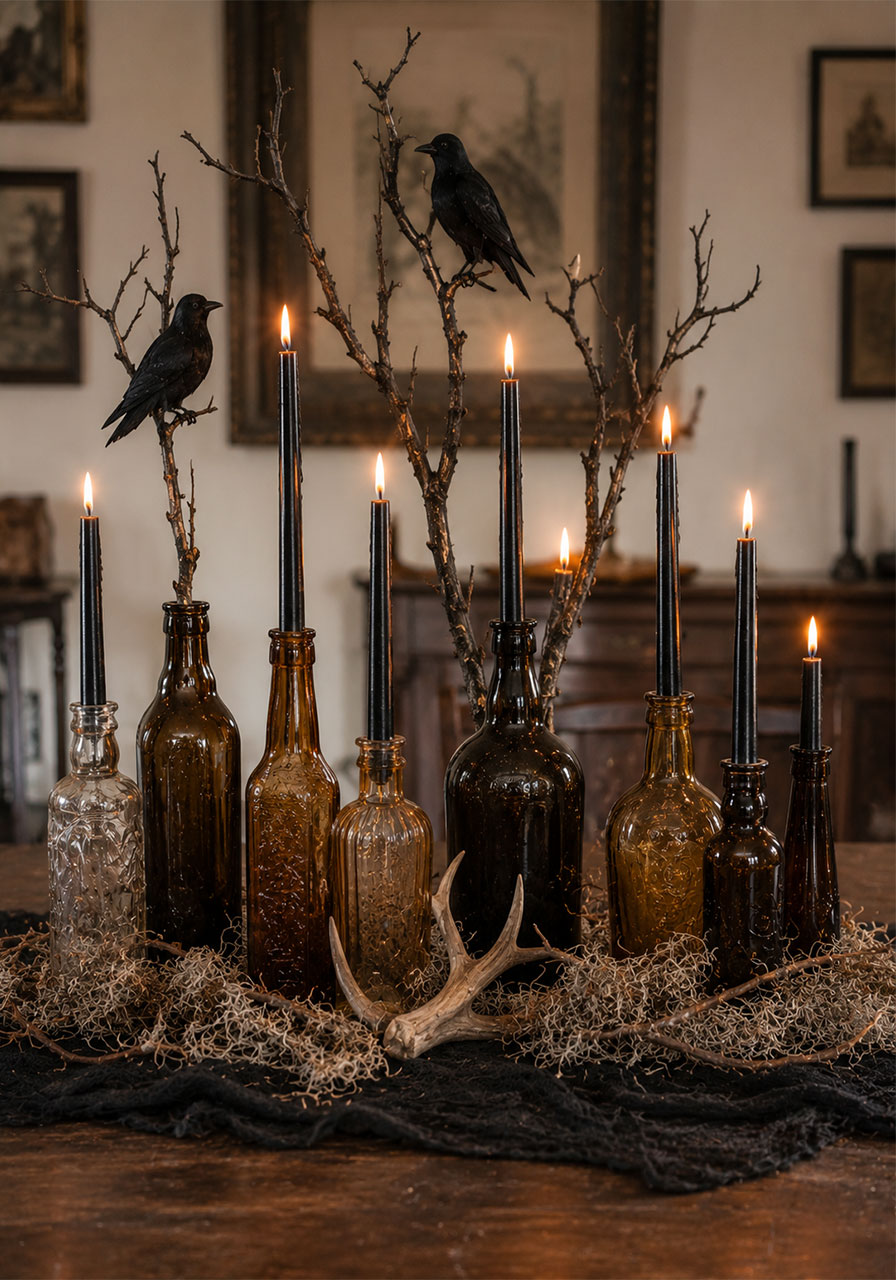 Vintage bottle candles with crows on branches for gothic Halloween table decor