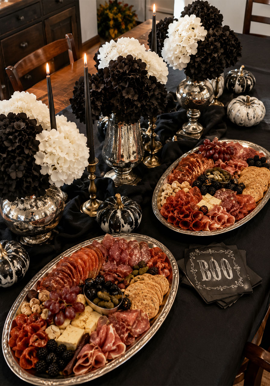 Gothic charcuterie table with black florals and dark grazing spread for Halloween