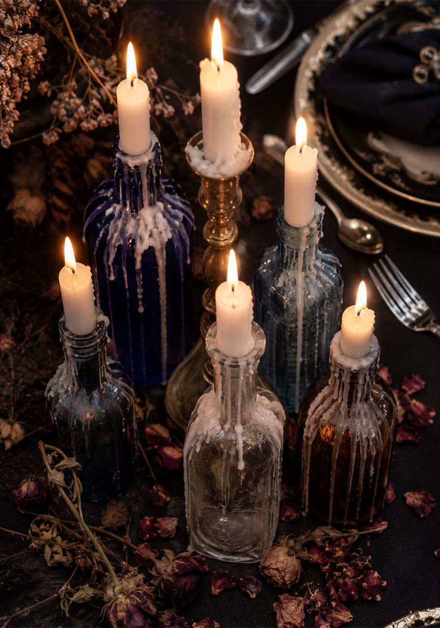 Dripping wax candle bottles centerpiece idea for gothic Halloween table
