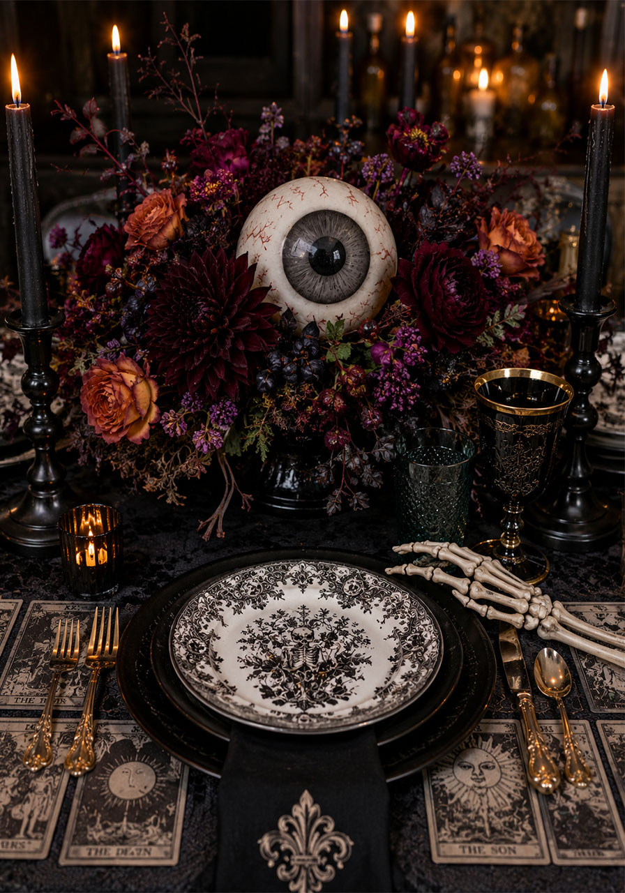 Eyeball centerpiece with dark florals for eerie gothic Halloween table setting