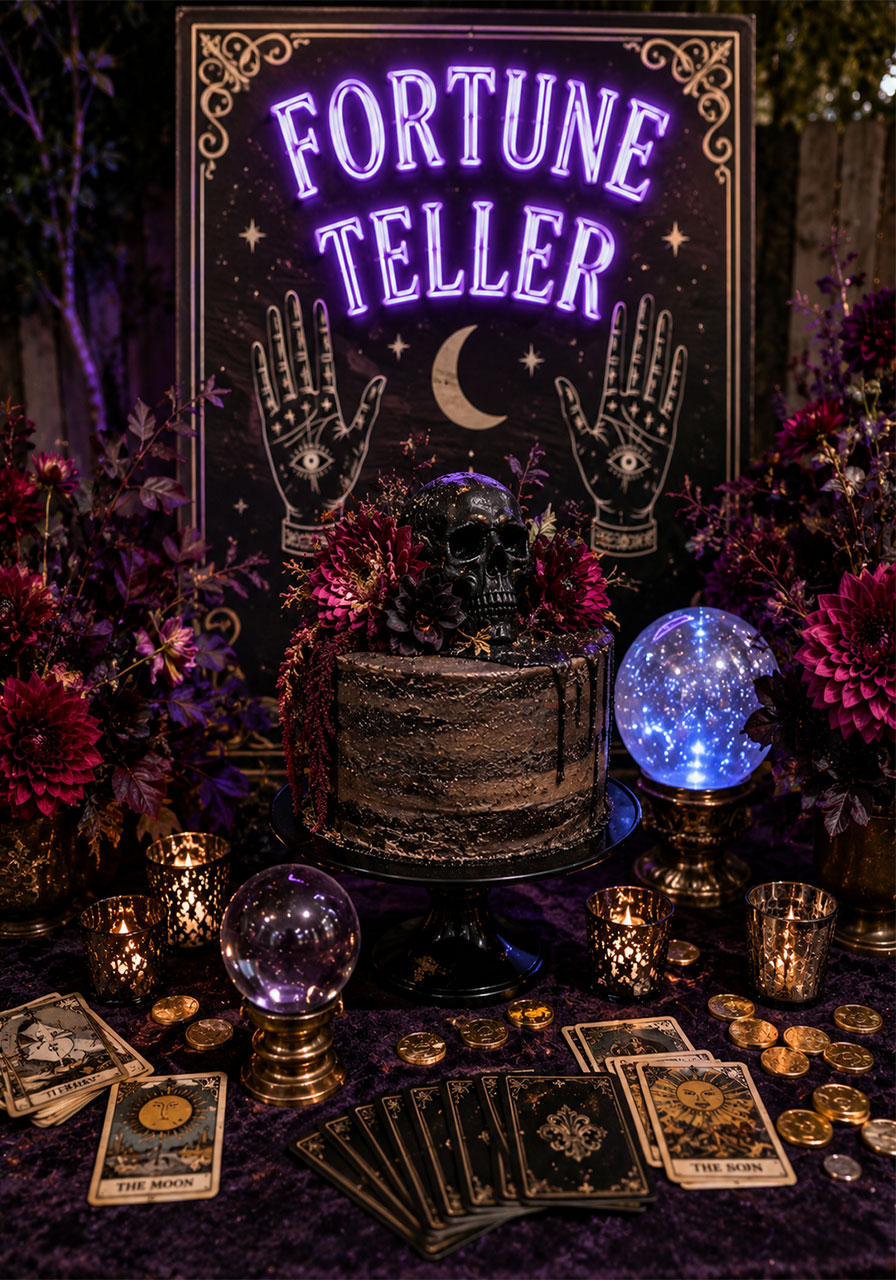 Fortune teller themed dessert table with crystal ball for gothic Halloween party