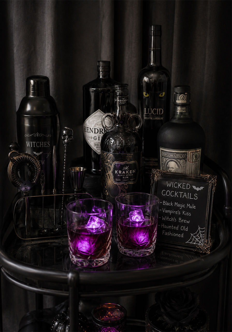 Glowing LED ice cube cocktails on gothic Halloween party bar cart