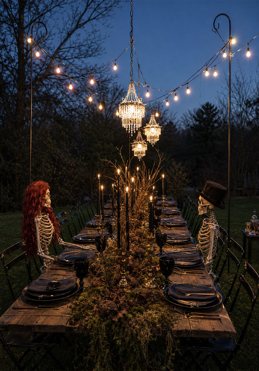 Long outdoor gothic Halloween dinner table with skeleton guests and string lights