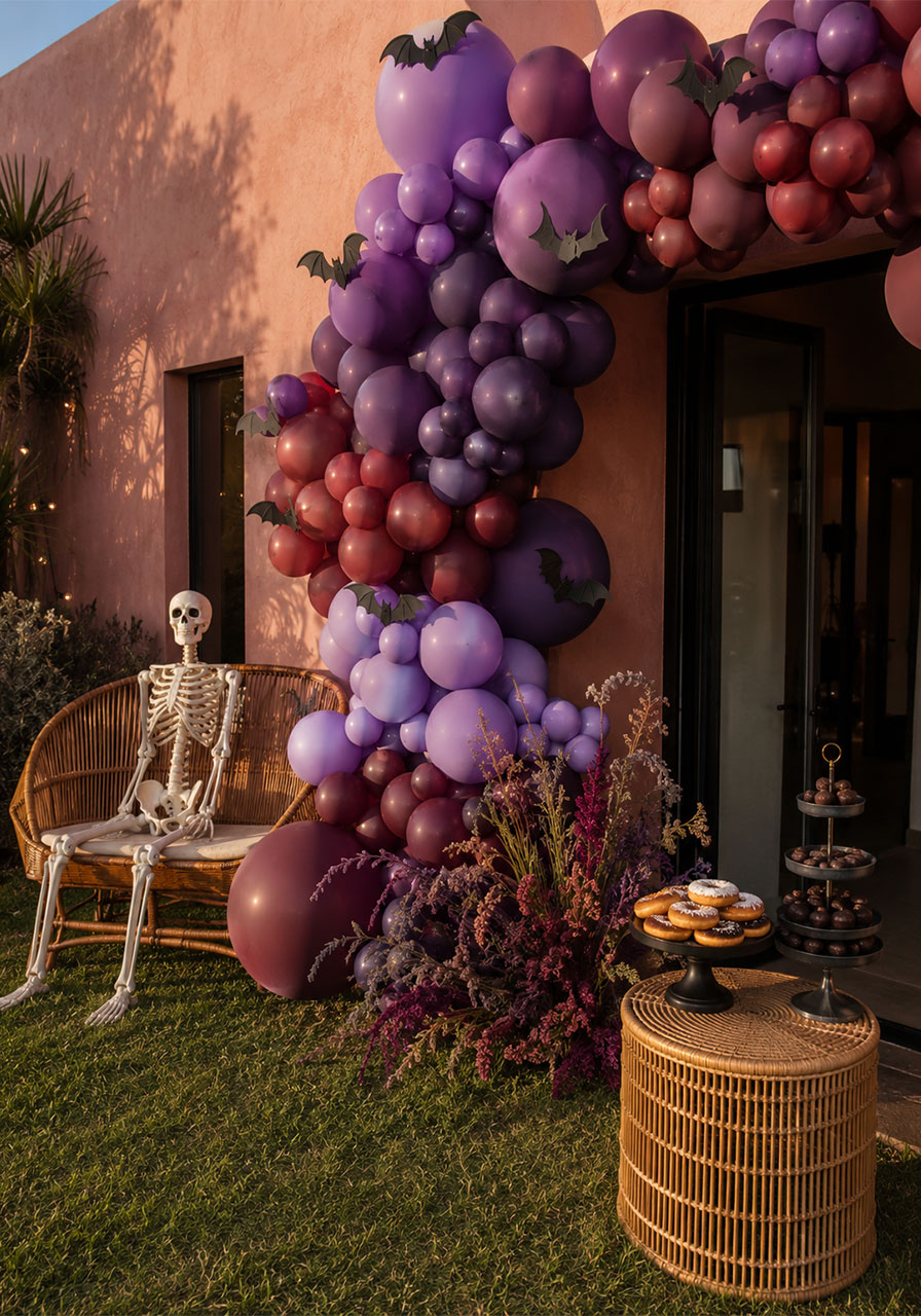 Purple and burgundy balloon arch with skeleton decor for a gothic Halloween party