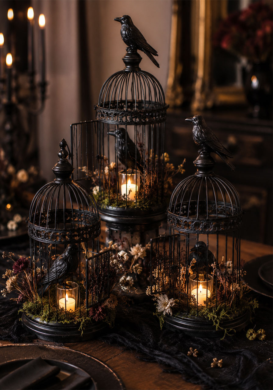 Black raven birdcage centerpiece idea for gothic Halloween party table