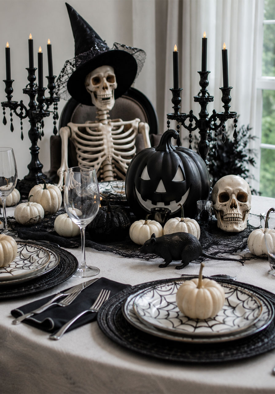 Skeleton place setting with pumpkins for family gothic Halloween dinner table