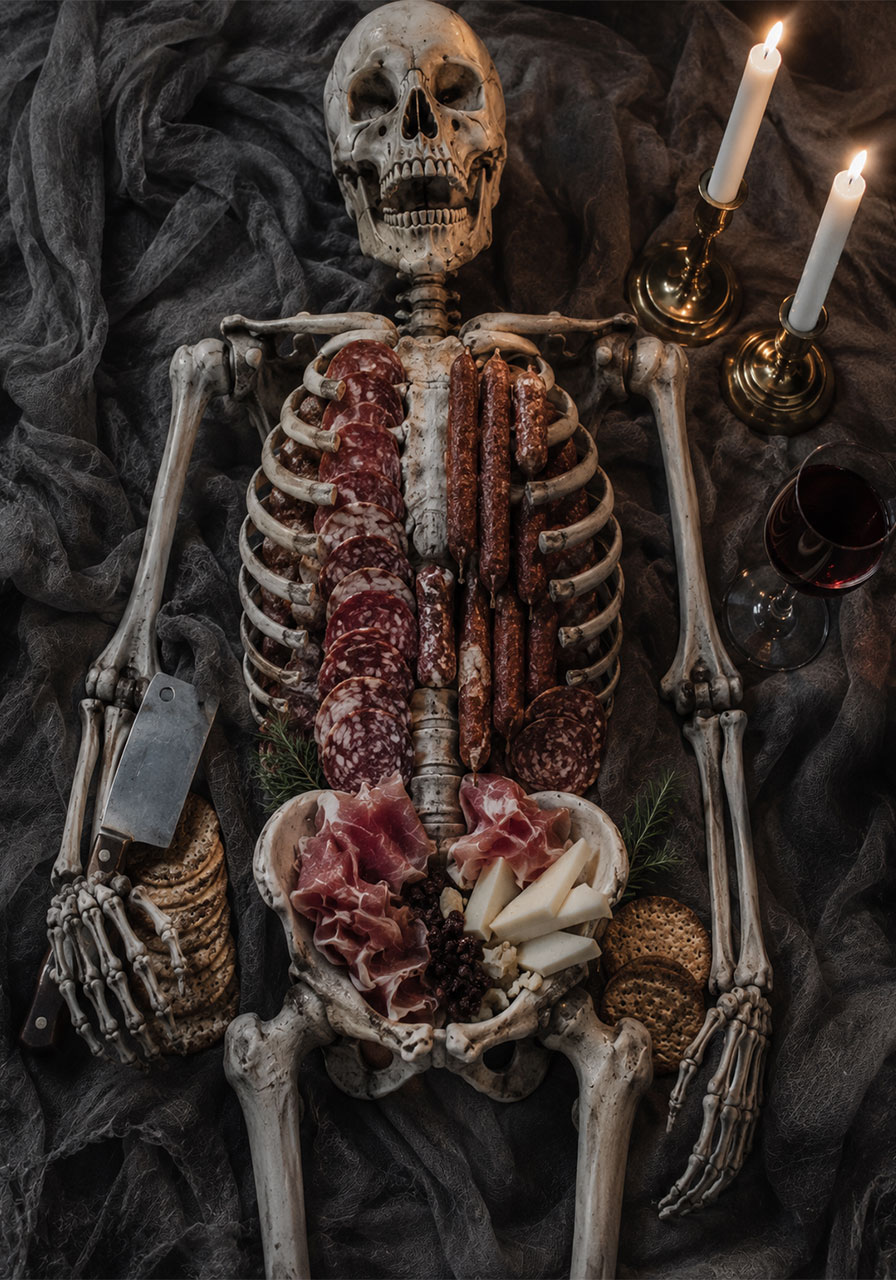Skeleton shaped charcuterie board serving meats for gothic Halloween party