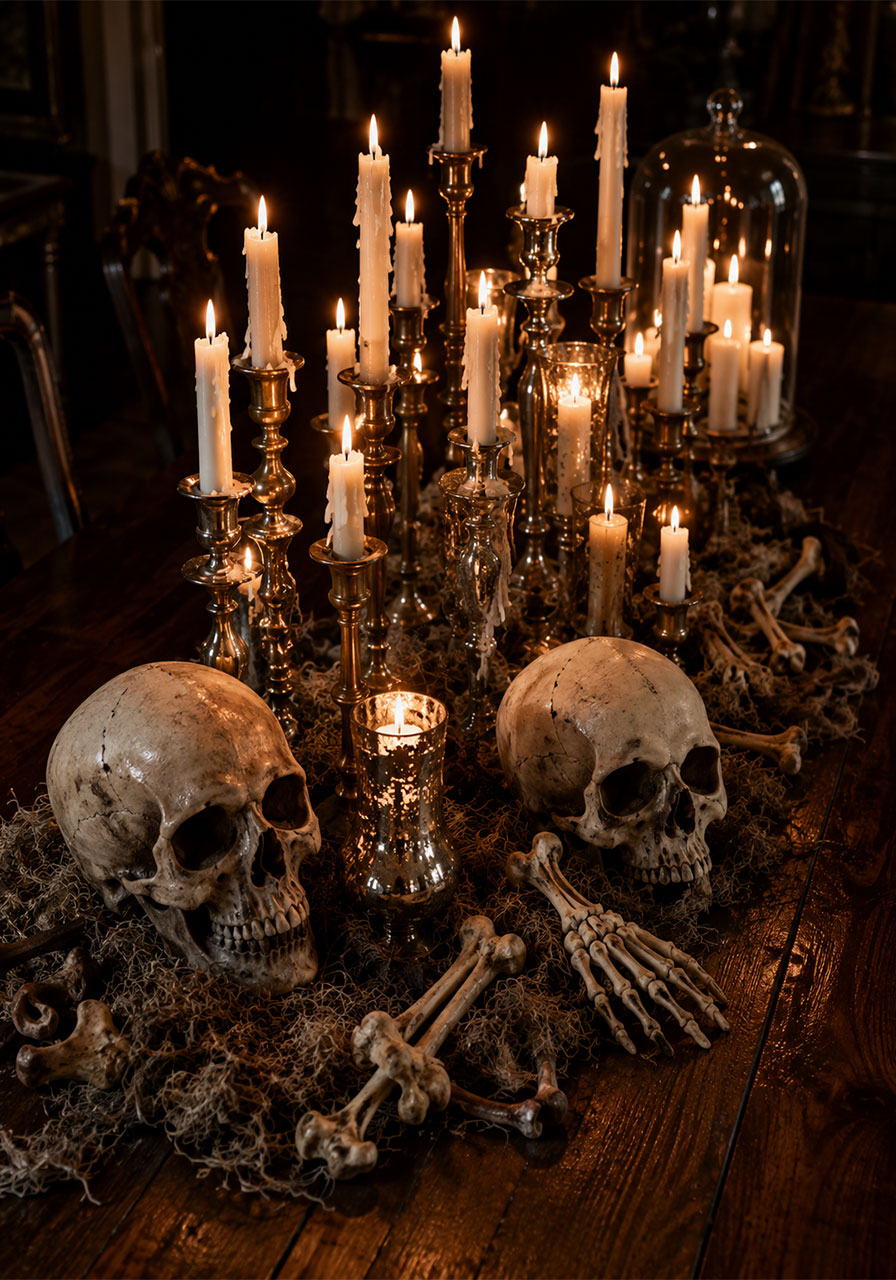 Skull and candlelight centerpiece with bones for gothic Halloween table decor