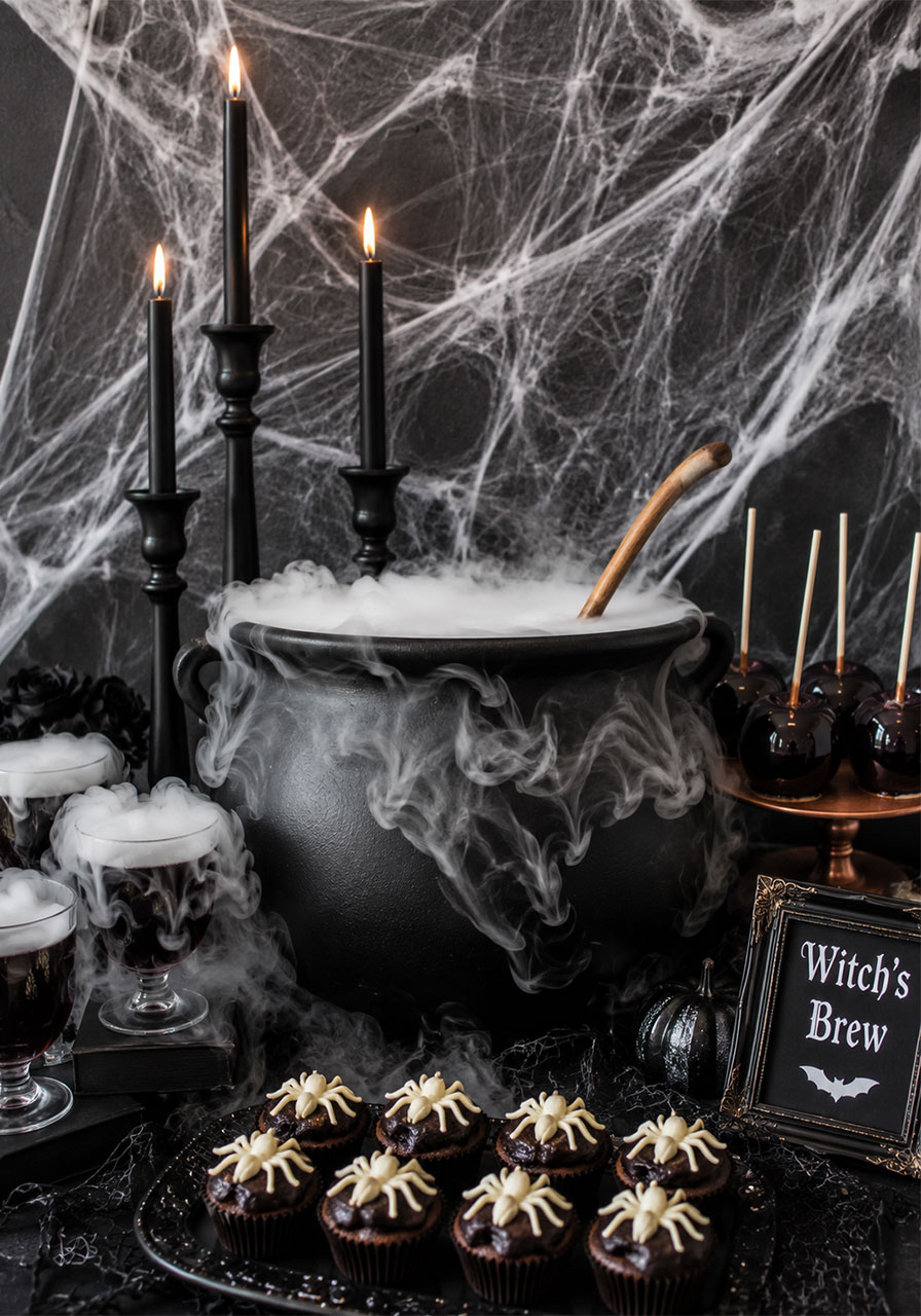 Smoking cauldron punch bowl with dry ice for gothic Halloween party bar