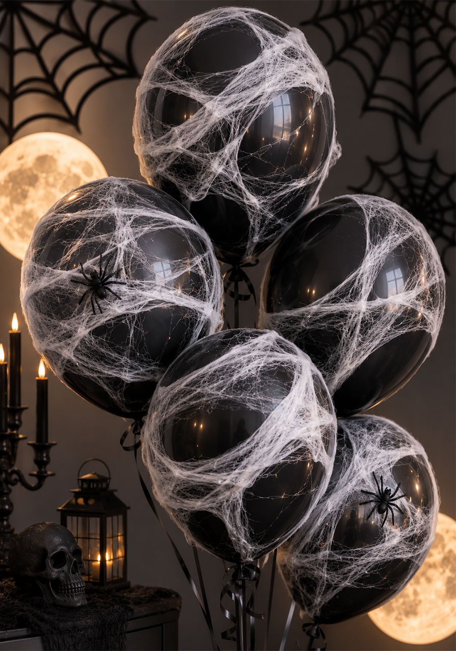 Spiderweb wrapped black balloons decor idea for gothic Halloween party