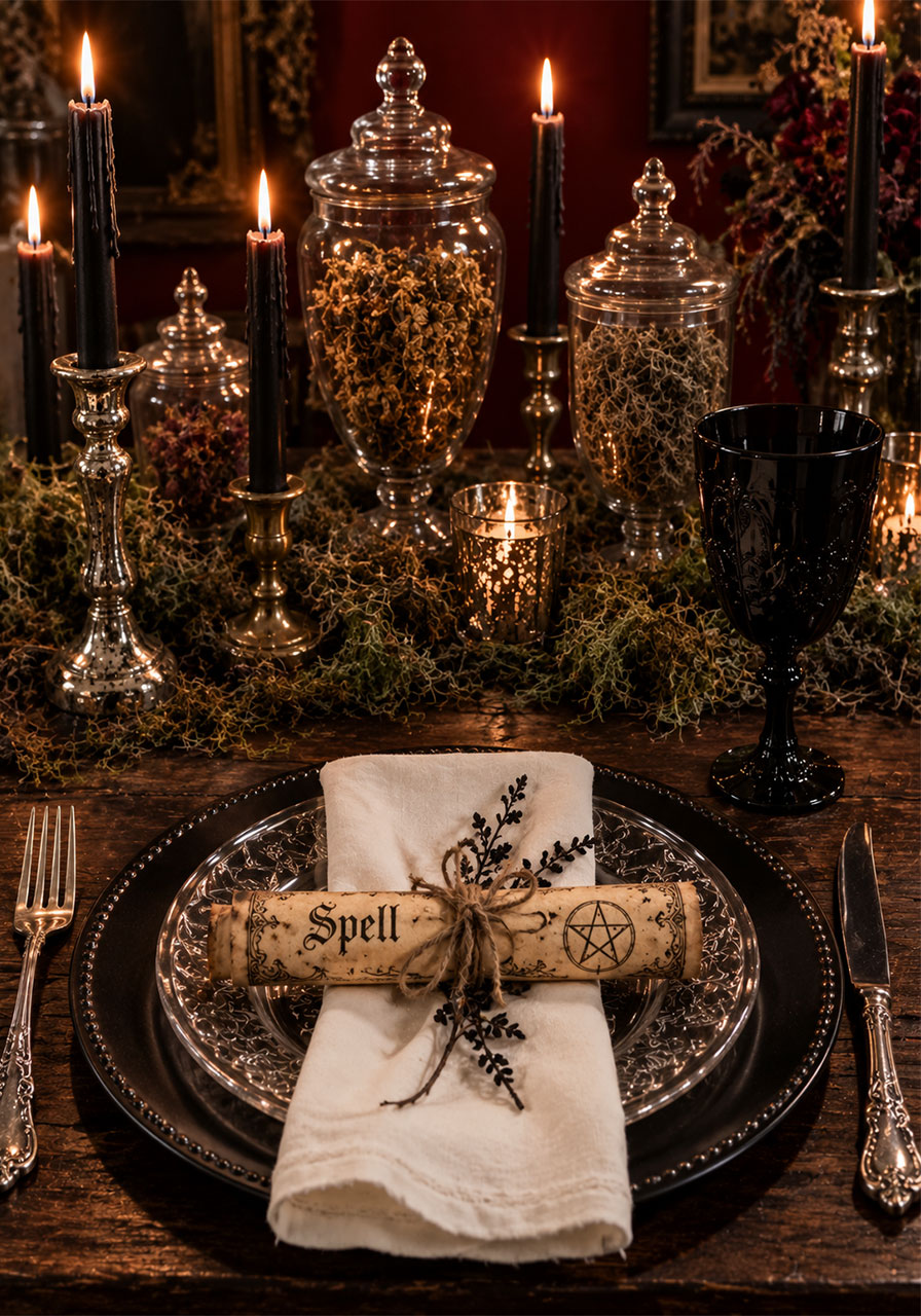 Witch themed gothic Halloween dinner table setting with apothecary jars