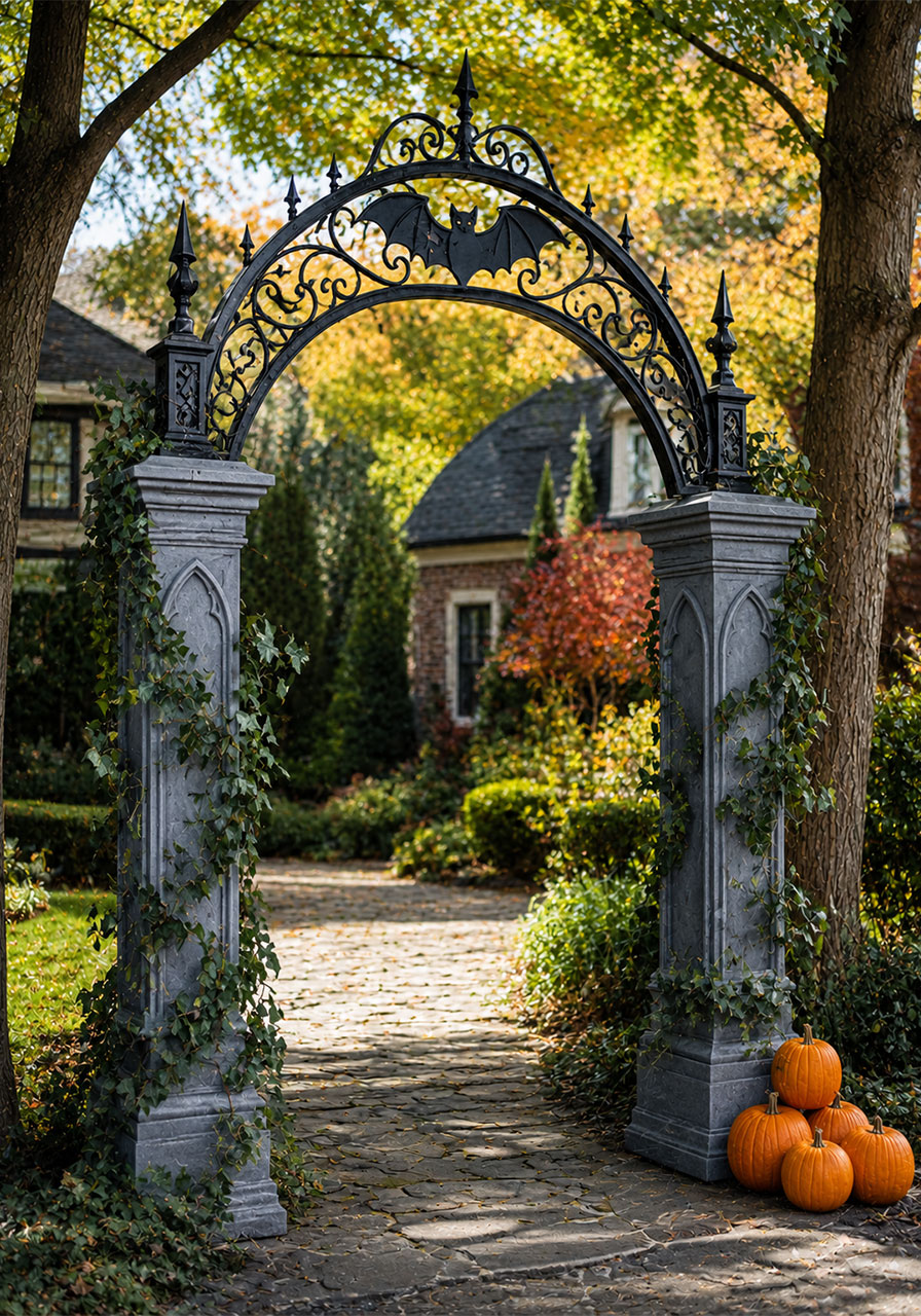 Gothic black iron Halloween arch with bat silhouette and stone columns
