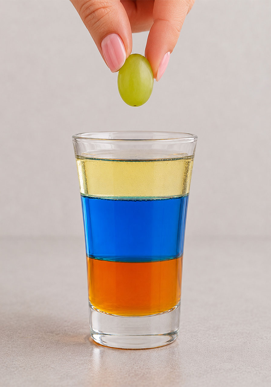 Grape sinking through oil and water then resting on top of the honey layer