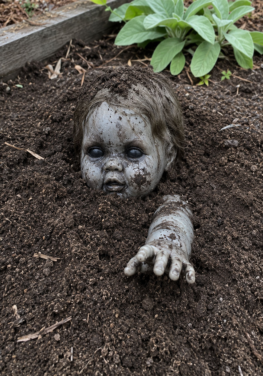 Half-buried creepy doll staged in a garden bed for Halloween decoration
