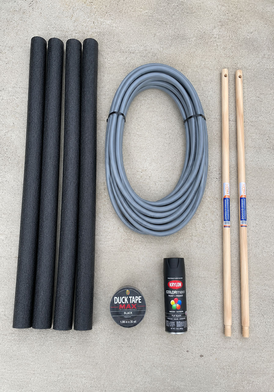 Materials needed for a DIY Halloween archway including pool noodles, PEX pipe, and broom handles