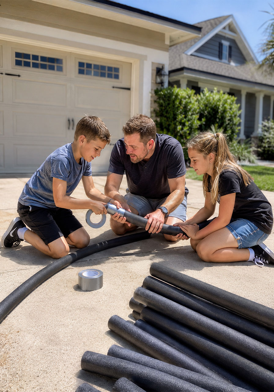 Kids helping build a DIY Halloween archway as a family STEM activity