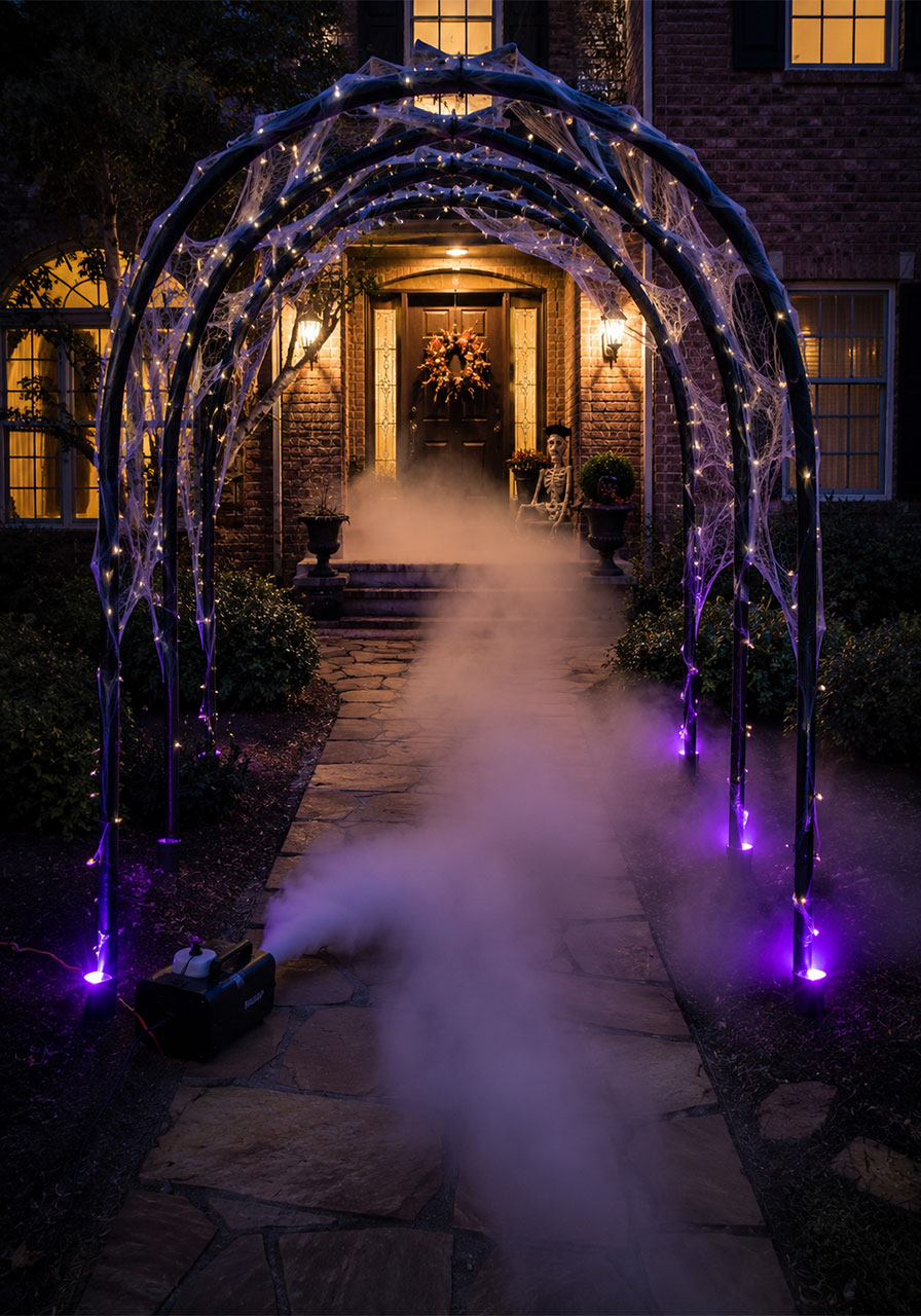 Fog machine creating a spooky mist effect under a DIY Halloween archway