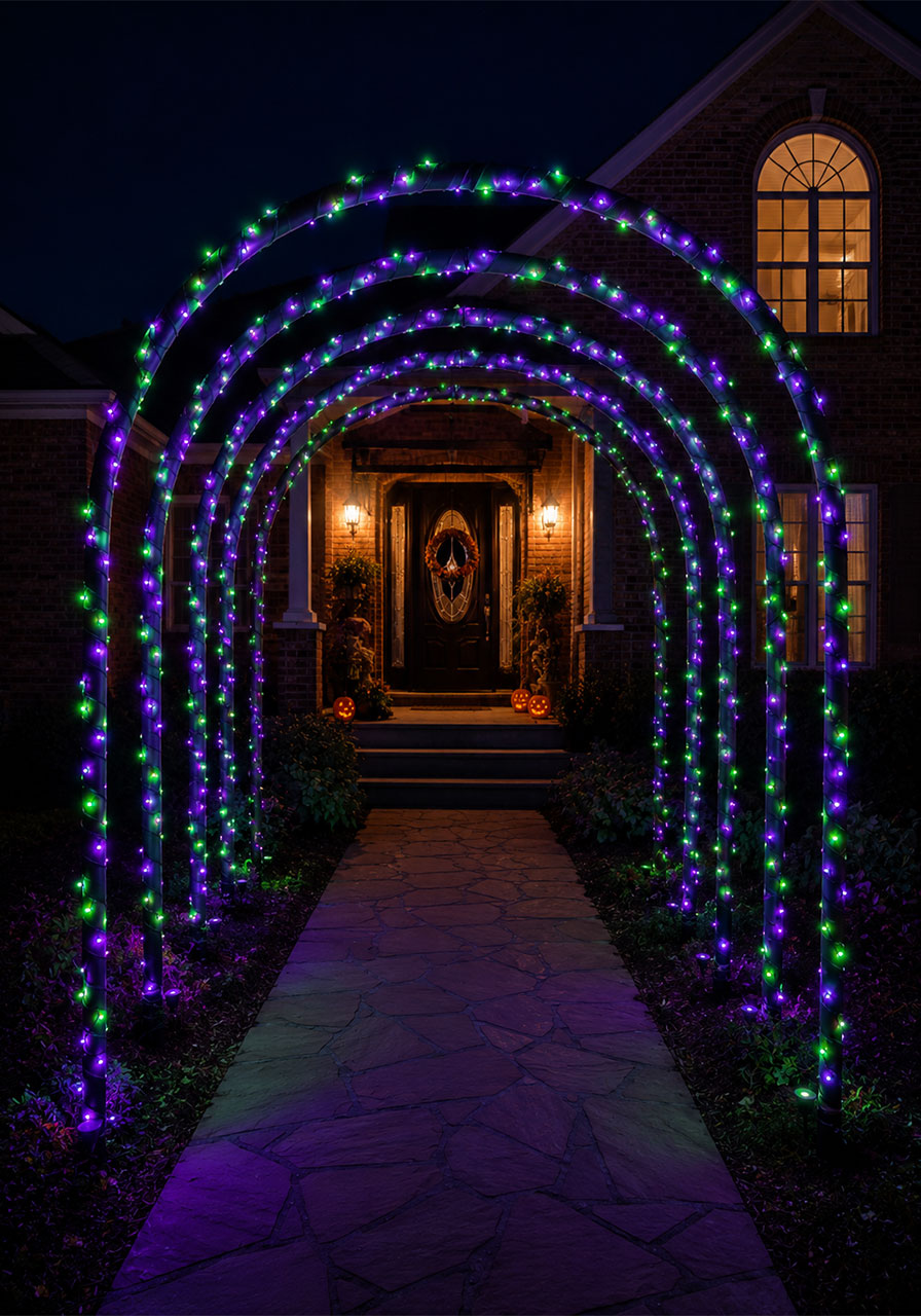 Purple and green LED lights wrapped around a spooky Halloween archway
