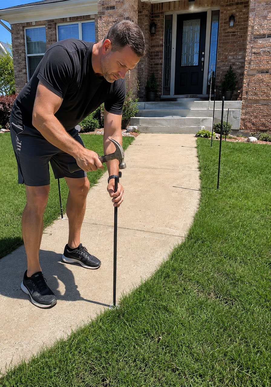 Hammering ground stakes into the lawn for a DIY Halloween archway base
