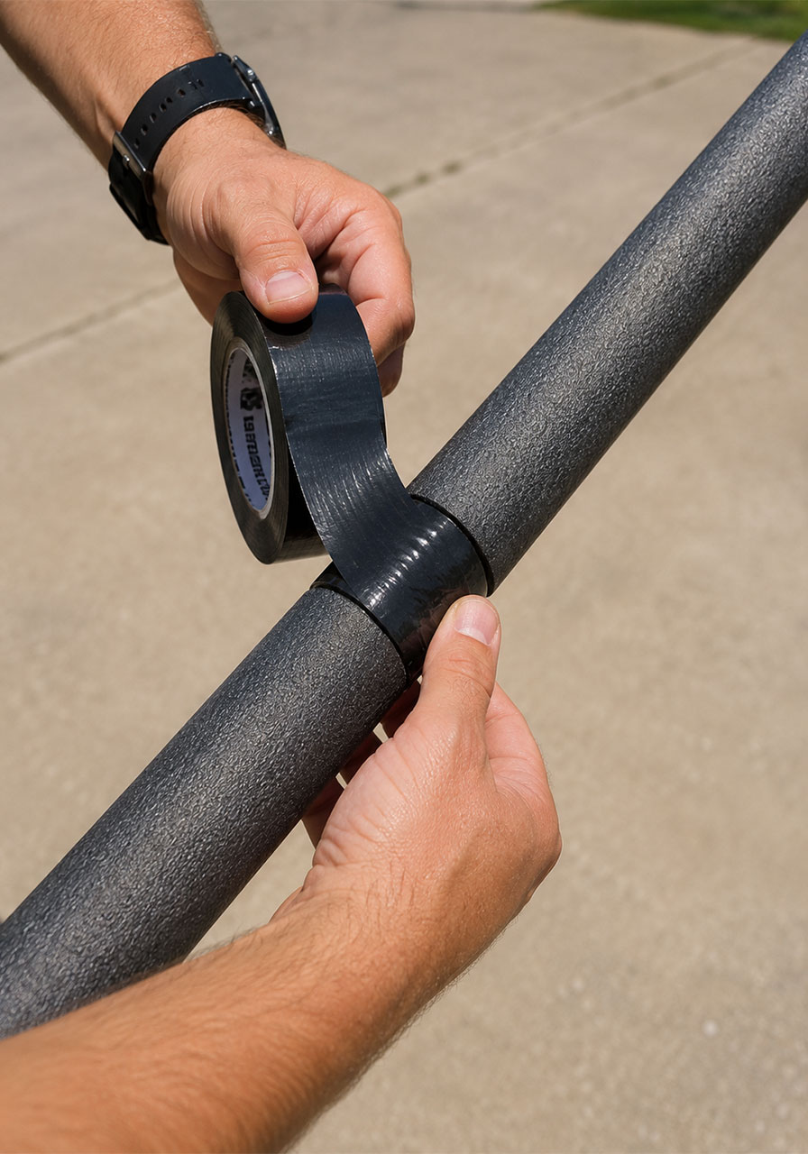 Taping pool noodles together end to end for a Halloween archway