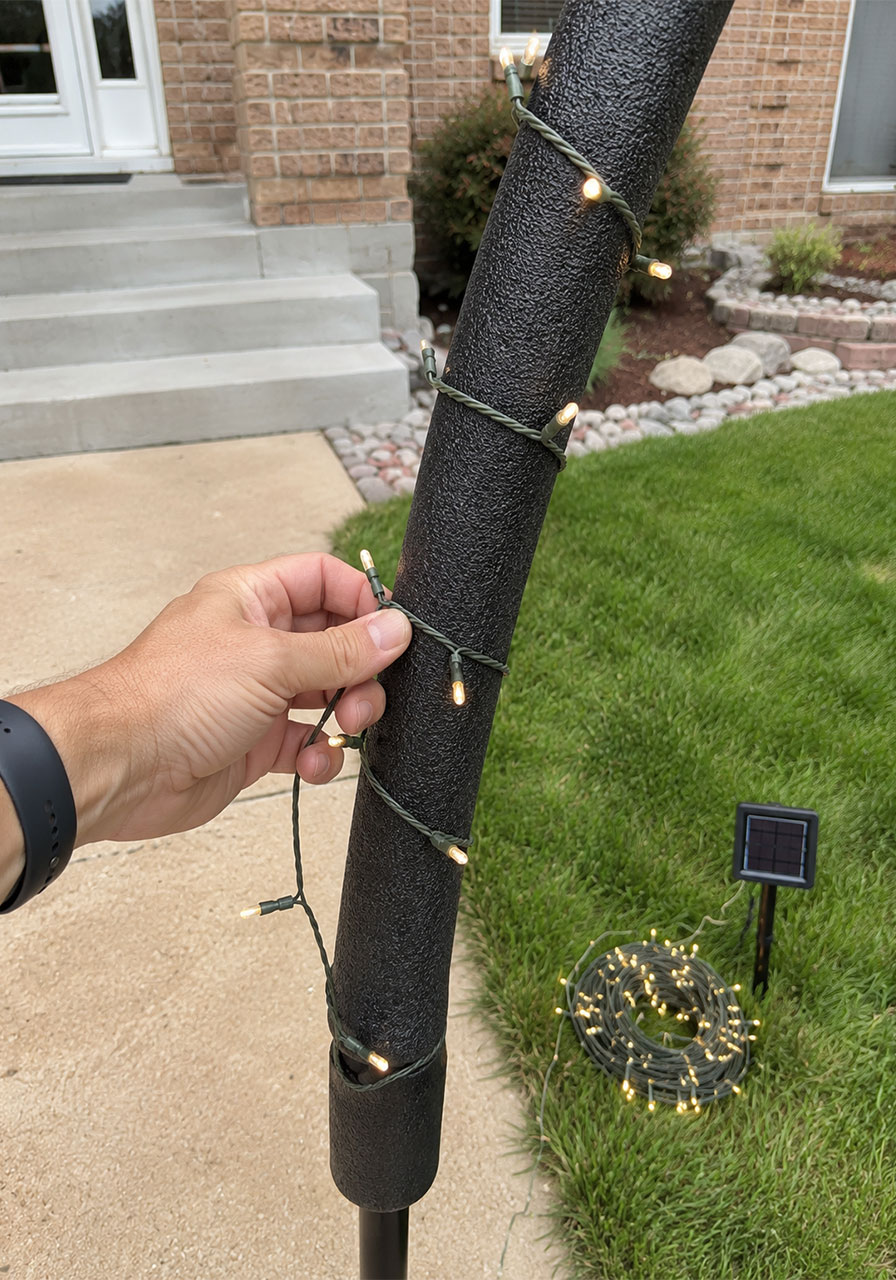 Wrapping solar string lights around a DIY Halloween archway