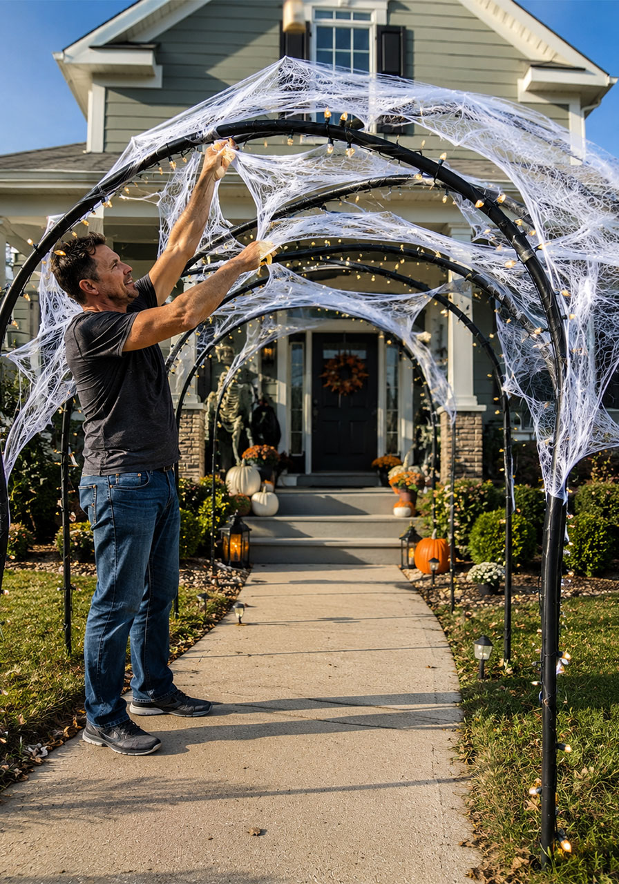 Draping spider web decorations over a finished Halloween archway