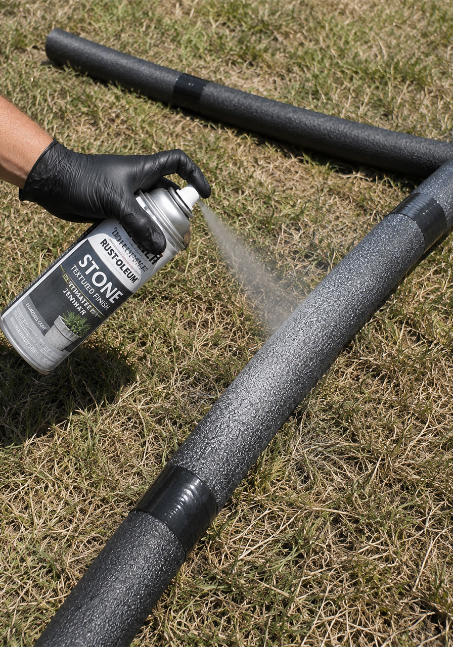 Spray painting stone texture onto pool noodles for a spooky Halloween archway