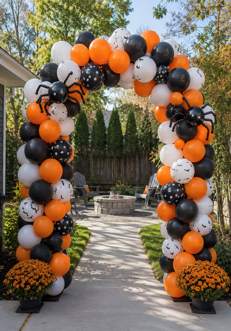 Orange, black, and white balloon arch for a Halloween party entrance