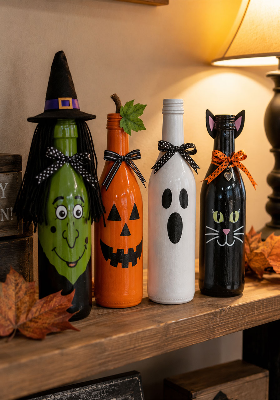DIY painted bottle Halloween characters witch pumpkin ghost cat