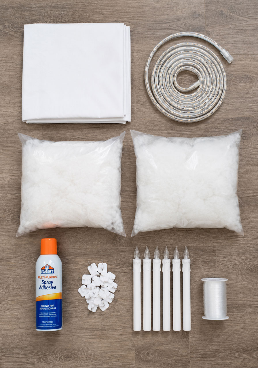 Supply list flatlay for making a floating Halloween candle ceiling at home