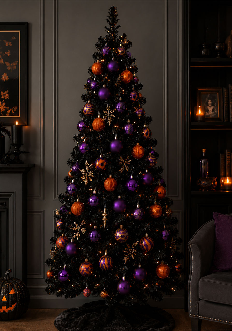 Elegant all-black Halloween Christmas tree with purple and orange ornaments