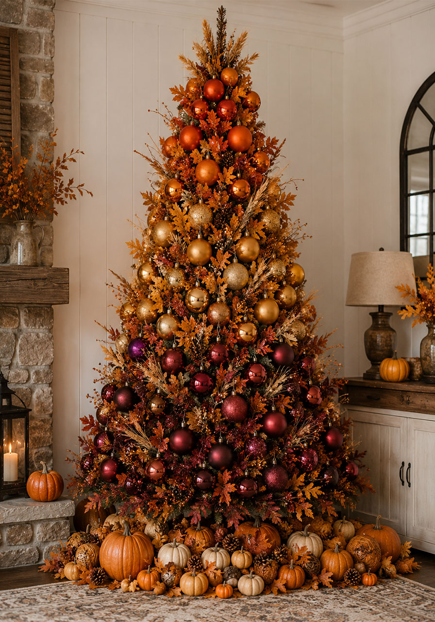 Autumn harvest Halloween Christmas tree that transitions into Thanksgiving decor